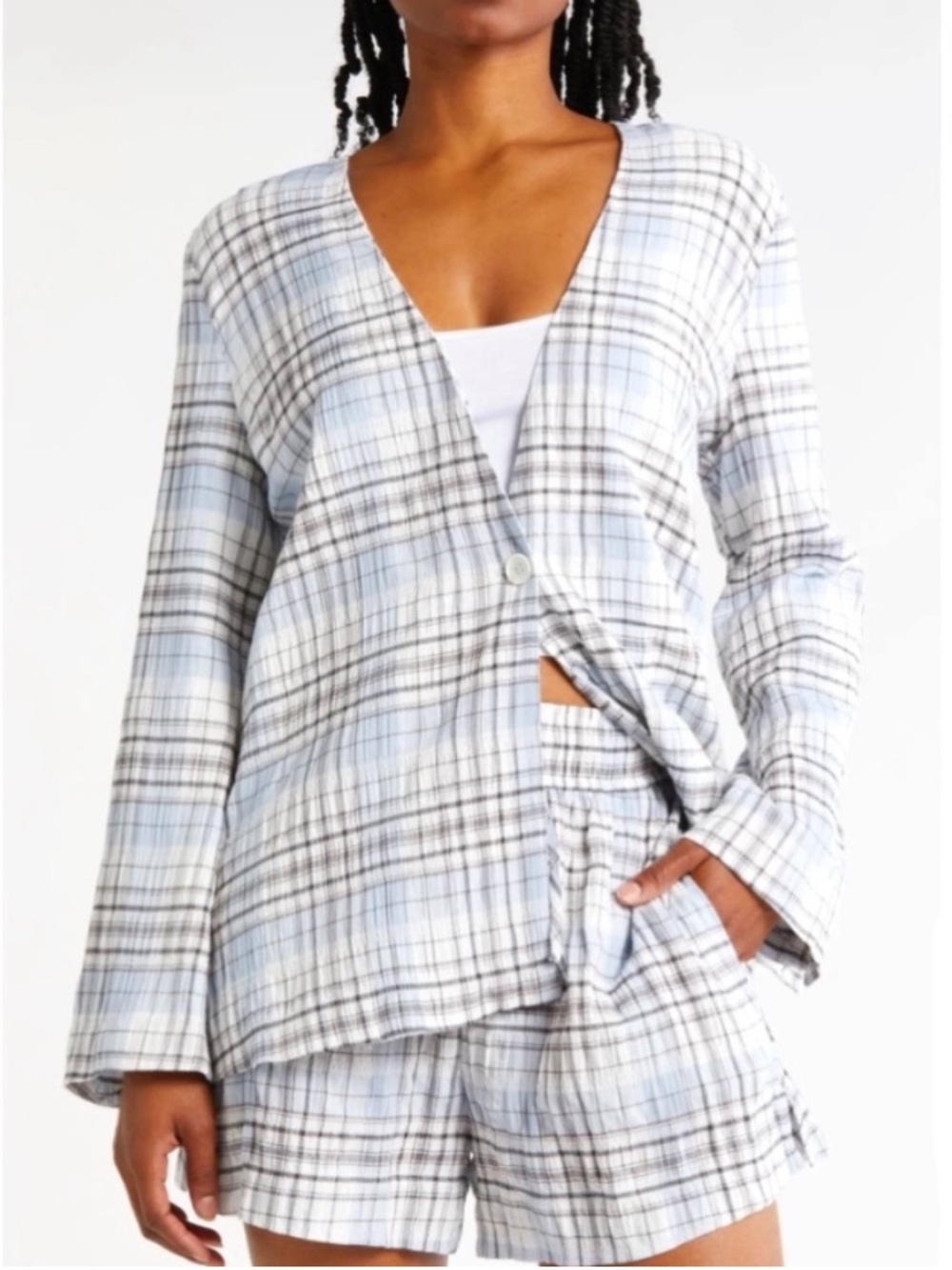 Melrose Seersucker Blazer in
Plaid Blue Black & White